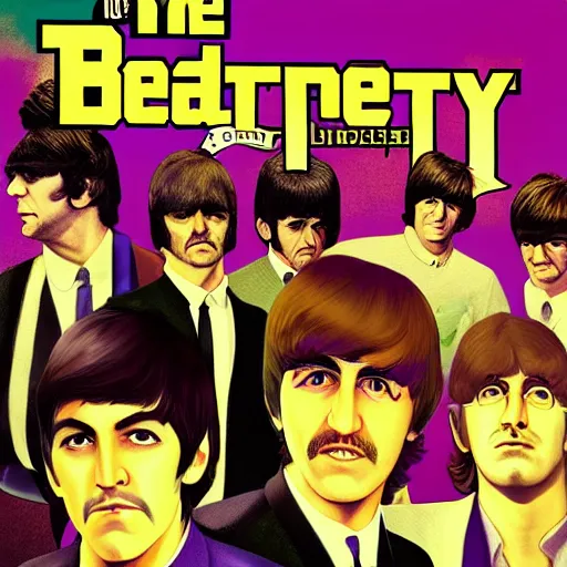 Image similar to The Beatles (1967) in GTA V, cover art by Stephen Bliss, artstation, no text