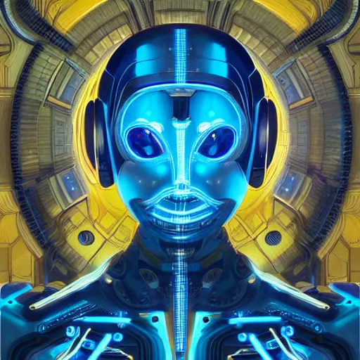 Image similar to symmetrical portrait of a robot with big eyes, grinning, sci - fi, tech wear, blue and yellow glowing lights, intricate, elegant, highly detailed, digital painting, artstation, smooth, sharp focus, illustration, art by artgerm and greg rutkowski and alphonse mucha