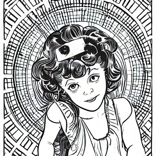 Prompt: clean simple line art of a little girl with wavy curly hair dressed as a superhero. white background. well composed, clean black and white line drawing, beautiful detailed face. illustration by steve ditko and jack kirby and alphonse mucha