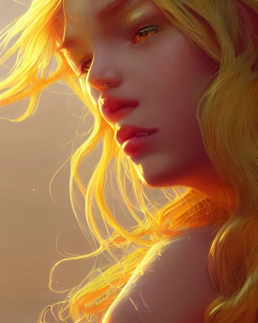 Image similar to summer vibes, beautiful sun goddess, flowy yellow golden hair, sun, summer, cinematic lighting, highly detailed, digital painting, trending on artstation, pixiv, concept art, sharp focus, illustration, art by ross tran and wlop