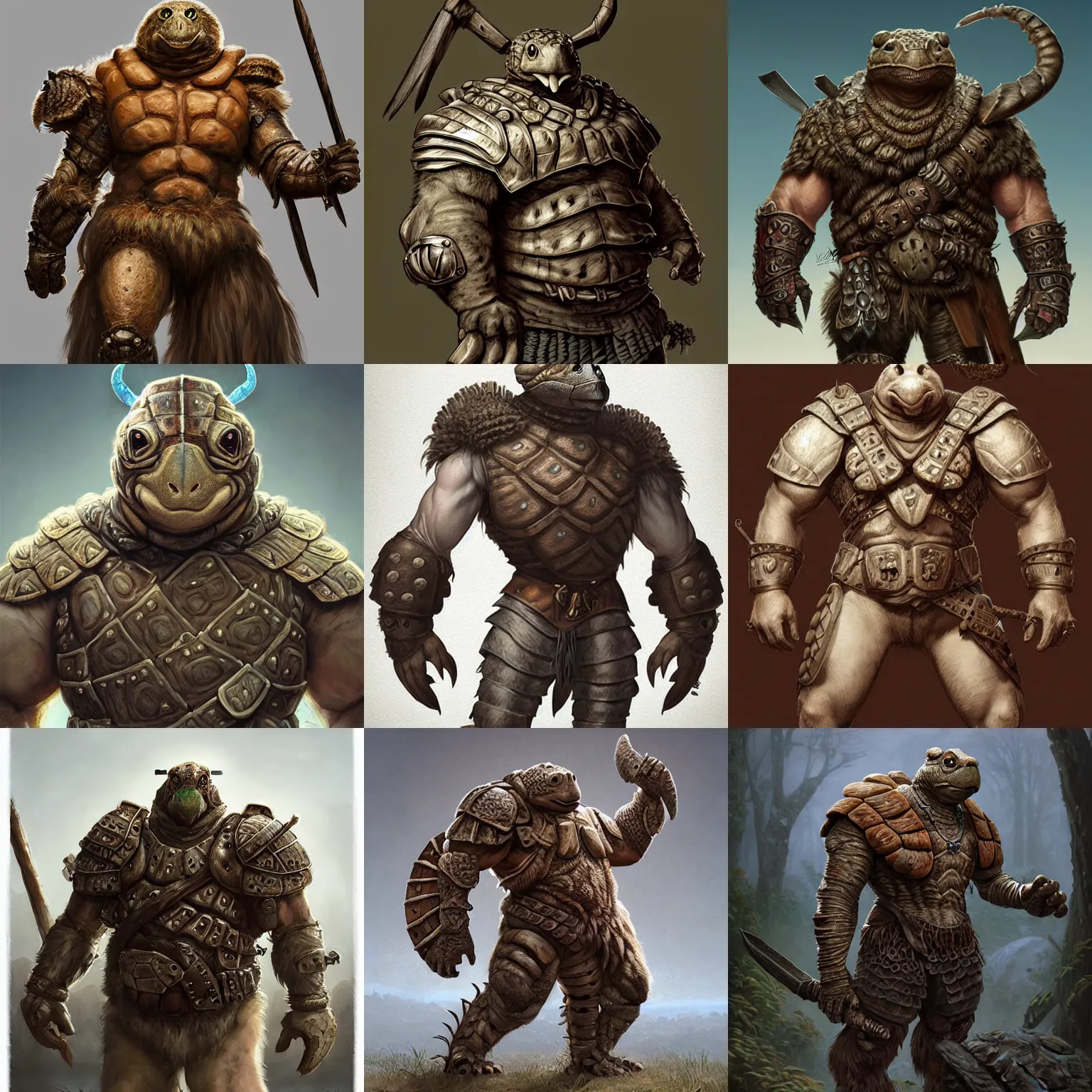Prompt: anthropomorphic rugged turtle!!! oversized barbarian furry muscular armored upper body ,shell collar!!l, 👅 👅 , D&D, fantasy, intricate, elegant, highly detailed, digital painting, artstation, concept art, smooth, sharp focus, illustration, art by artgerm and beeple and greg rutkowski and alphonse mucha