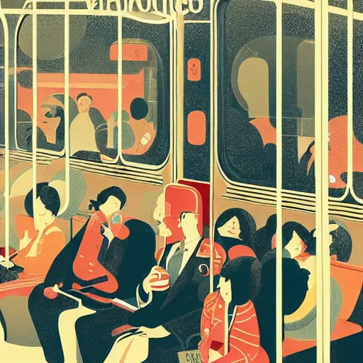 Image similar to parisian subway life, illustration by victo ngai, studio muti, malika favre