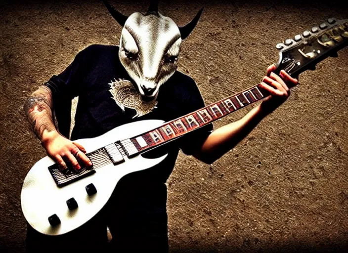 Image similar to metal guitar, goat head, satanic, Guitar, crazy guitar, heavy metal guitar design