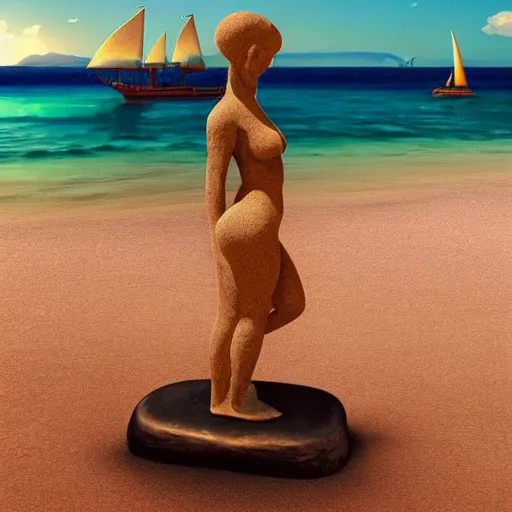 Image similar to digital art, trending on artstation, cycladic statue of a woman playing baseball, on a caribbean beach, a pirate ship in the background