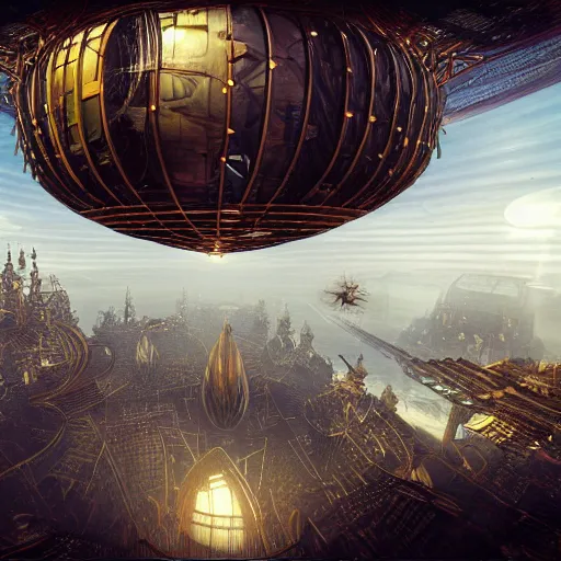 Image similar to enormous flying city in a faberge egg, sky, steampunk, fantasy art, masterpiece, unreal engine, hugh ferriss