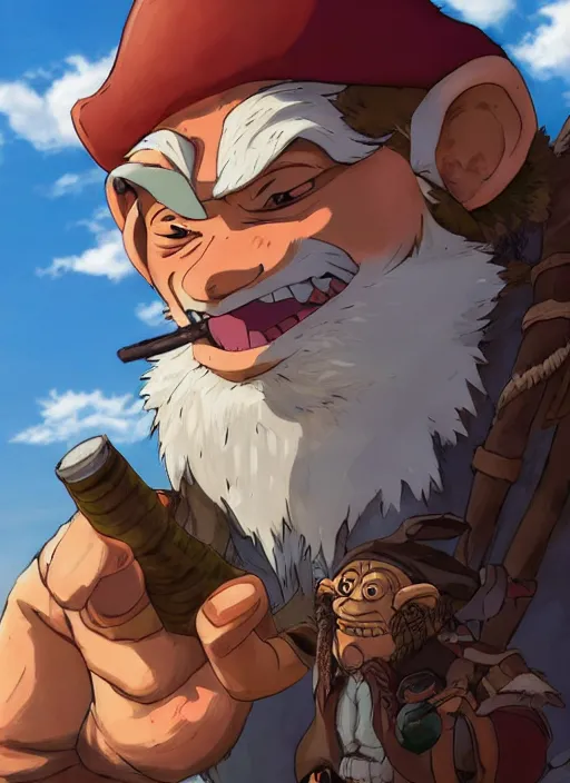 Image similar to studio ghibli pathfinder 2 e illustration of a pirate goblin mixed with a monkey smoking a cigar, character portrait, unreal engine, hyper realism, realistic shading, cinematic composition, realistic render, octane render, detailed textures, photorealistic, wide shot