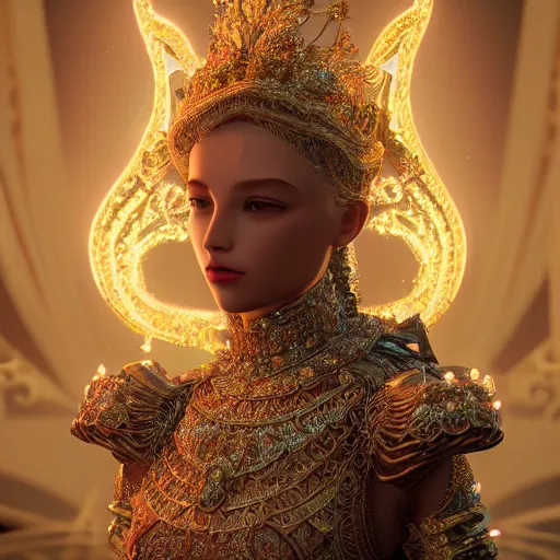 Image similar to portrait of wonderful princess, glowing, ornate and intricate, jaw dropping, dynamic lighting, intricate and detailed, 4 k octane render