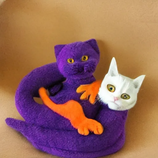 Prompt: purple tiny dragon snuggling orange tabby cat, orange tabby hugging purple tiny dragon
