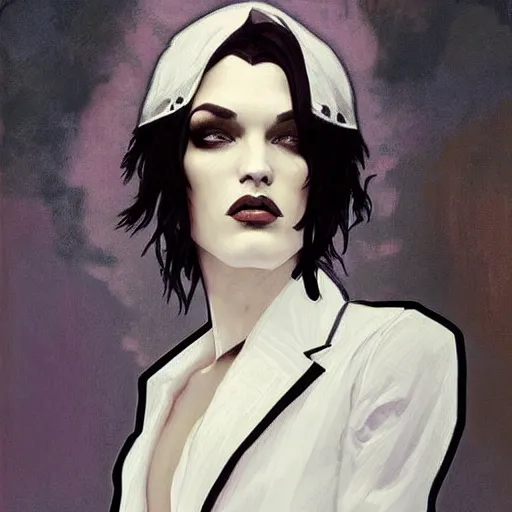 Image similar to beautiful portrait of androgynous ruby rose as desire from sandman in a white tuxedo!!!, rockabilly style, by alphonse mucha, cedric peyravernay, by jeremy mann, by frank moth, white suit and black tie, soft lightning, high detailed, 8 k