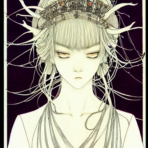 Prompt: prompt: Fragile looking vessel portrait soft light drawn by Takato Yamamoto, inspired by Fables, ancient crown, magical and alchemical weapons, soft light, white background, intricate detail, intricate ink painting detail, sharp high detail, manga and anime 2000