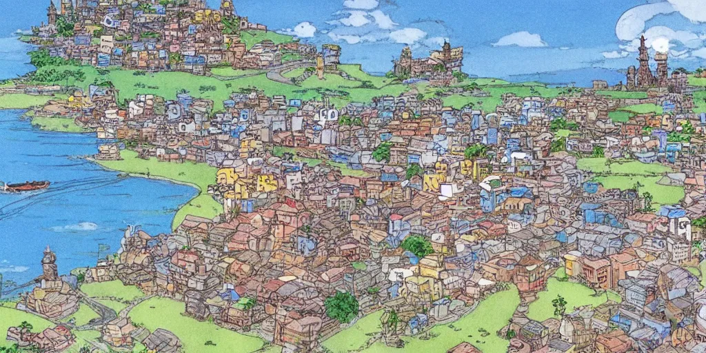 Image similar to cat looking at a sri lankan city, drawn by hayao miyazaki