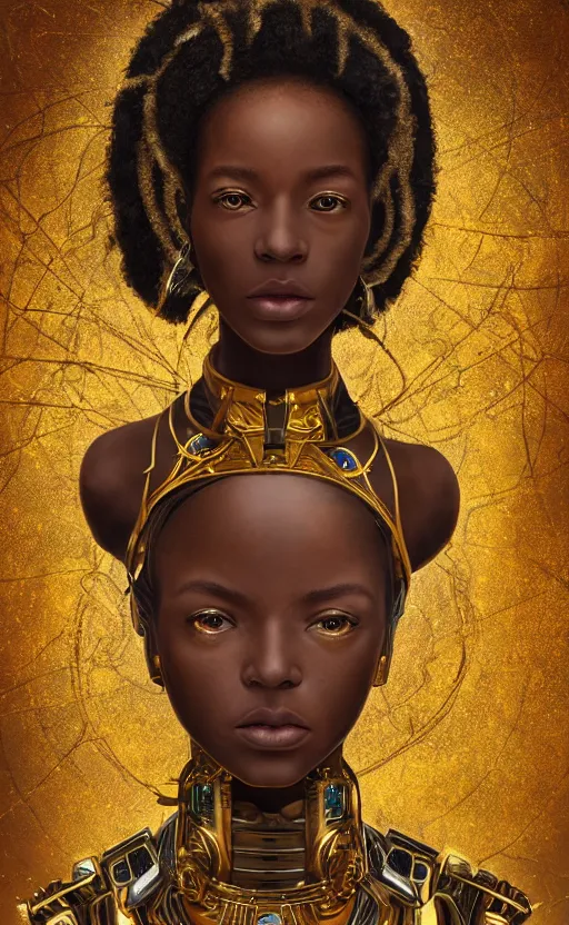 Prompt: young african cyborg queen, dazzling glowing eyes, elegant, striking composition, highly detailed ornate sci fi background, highly detailed, beautiful composition, painting in the style of sandro botticelli, caravaggio, albrecth durer, 8k