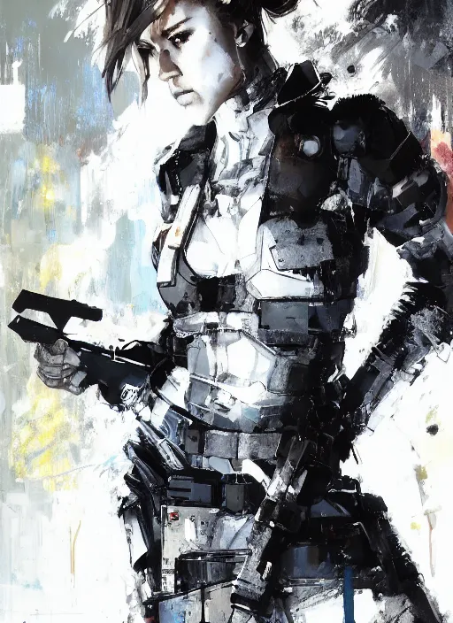 Prompt: jessica alba wearing metal gear armor holding gun dramatic lighting art by brandon anschultz by yoji shinkawa by richard schmid by greg rutkowski by sandra chevrier by jeremy lipking cinematic dramatic brush strokes background