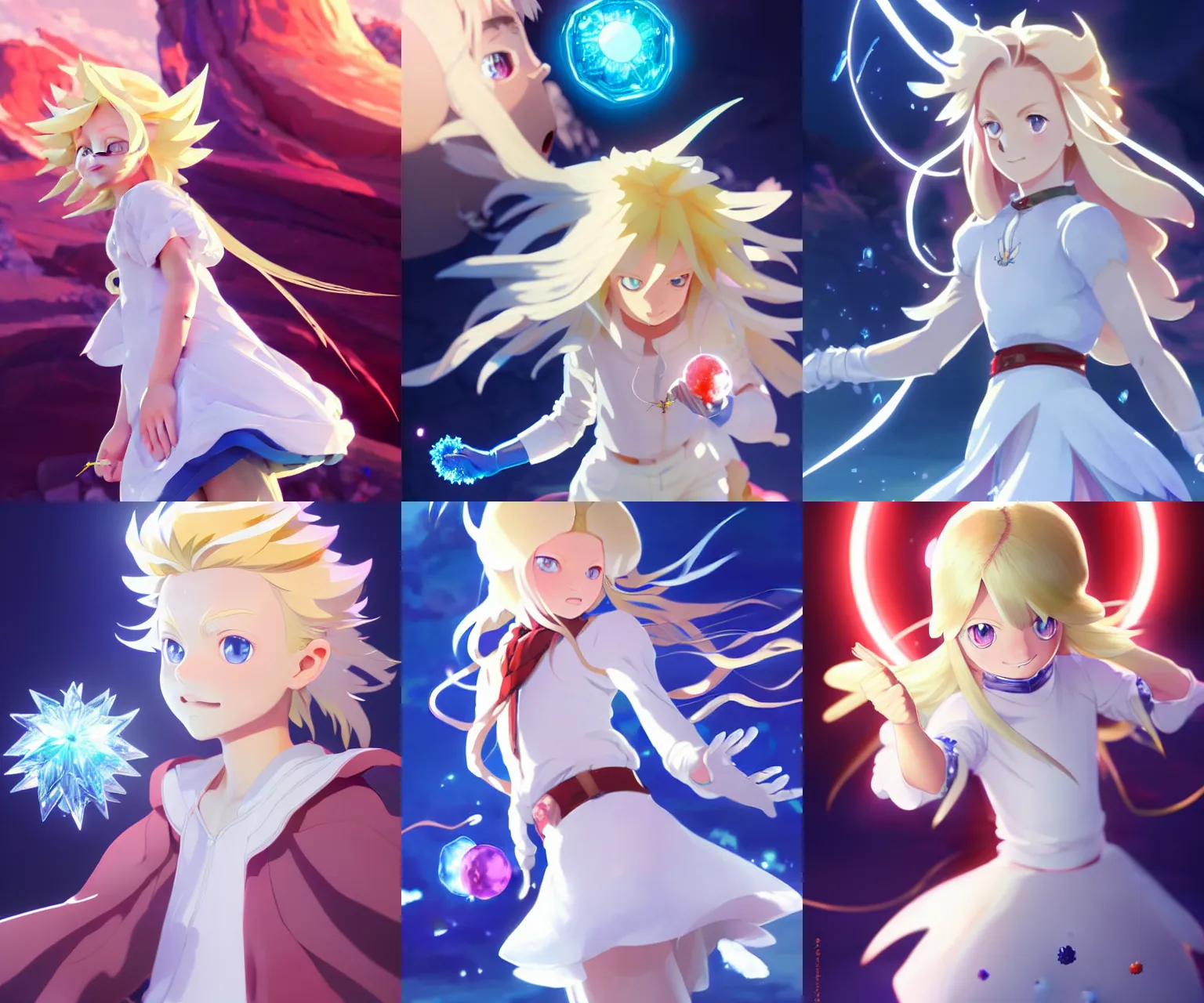 Prompt: young female urchin stealing the chaos emeralds, long blonde hair and blue eyes, white puffy outfit, detailed perfect face, exquisite details, holding magic chaos crystal gems, mid view, design on a dark crimson background, by studio muti, greg rutkowski makoto shinkai takashi takeuchi studio ghibli