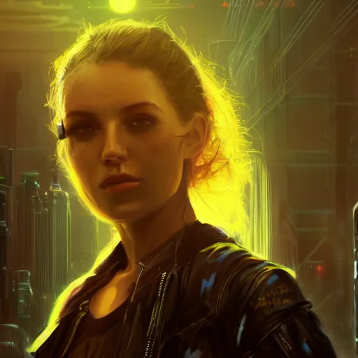 Image similar to molly millions, closeup portrait of a young beautiful cyberpunk woman, glowing eye implants, black hair in a rough shag, sunset, neuromancer, street samurai, cyberpunk city background, megacity, gorgeous view, depth, painted by seb mckinnon, high detail, digital art, painted by greg rutkowski, trending on artstation