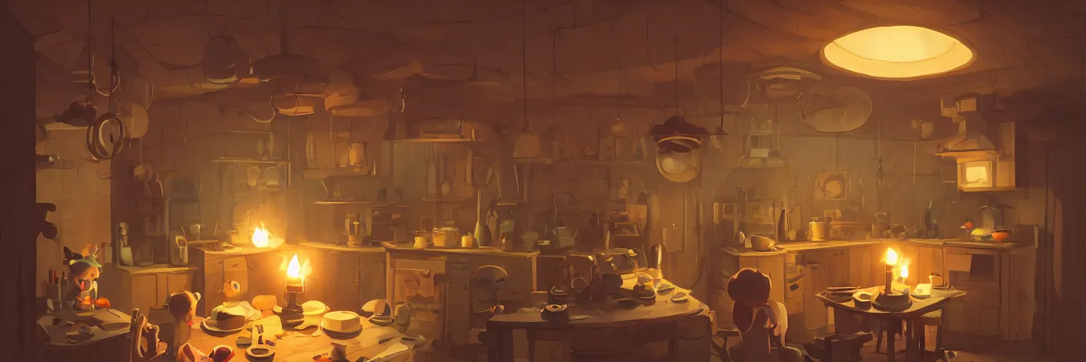 Prompt: epic illustration of a wooden kitchen dim lit by 1 candle doubly so by Goro Fujita and Simon Stalenhag , 8k, trending on artstation, hyper detailed, cinematic 'fisheye lense'!!!!!!!!!