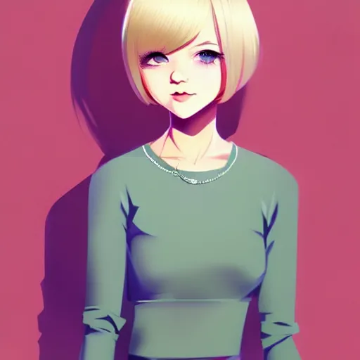 Image similar to urban girl fanart, blond bob haircut, muted colors, matte print, pastel colors, ornate, digital art, cute smile, digital painting, fan art, elegant, pixiv, by ilya kuvshinov