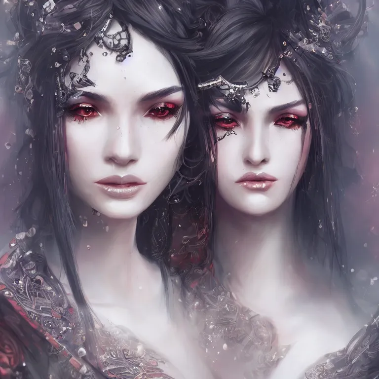 Prompt: oriental fantasy fashion girl portrait, flirtatious eyes, cyberpunk, glossy eyes and face, long hair, fantasy, intricate, androgynous, highly detailed, digital painting, artstation, concept art, smooth, sharp focus, illustration