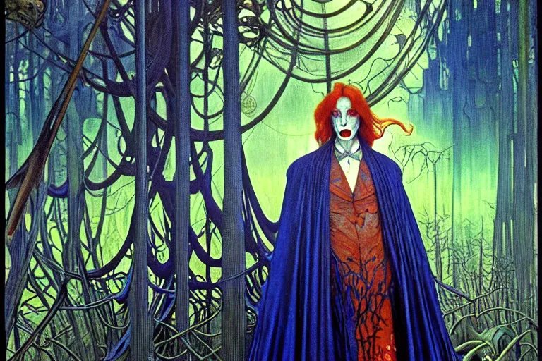 Image similar to realistic extremely detailed portrait painting of an elegantly creepy vampire man in a cape, futuristic sci-fi forest on background by Jean Delville, Amano, Yves Tanguy, Alphonse Mucha, Ernst Haeckel, Edward Robert Hughes, Roger Dean, rich moody colours, blue eyes