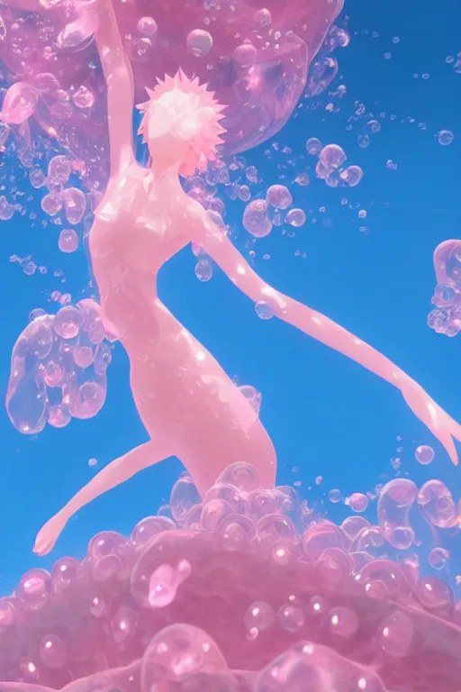 Image similar to 3D CG anime Land of the Lustrous Houseki no Kuni character Ventricosus translucent very pink jelly woman with thick chest bubbles and pink transparent dress frills floating at the bottom of the ocean near the surface, sun rays shine through the water, beautiful composition, 3D render, cel shaded, 8k, key visual, made by Haruko Ichikawa, Makoto Shinkai, studio Ghibli, Kyoto Animation