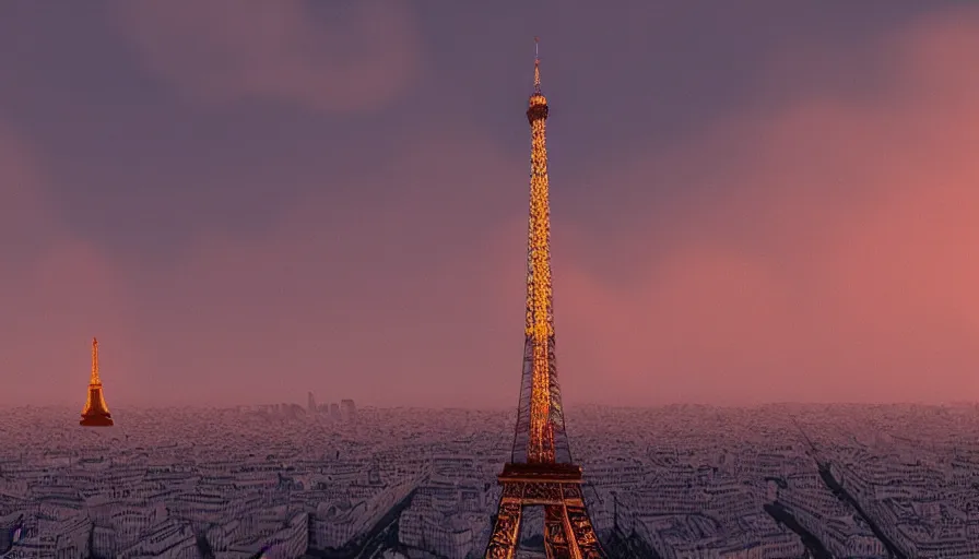 Prompt: heat wave over empty paris, volumetric light, eiffel tower light, hyperdetailed, artstation, cgsociety, 8 k