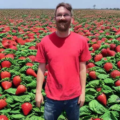 Prompt: man stand in front of world ’ s largest strawberry