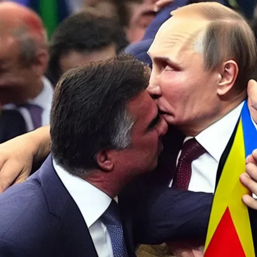 Image similar to vladimir putin kissing jair bolsonaro, very detailed