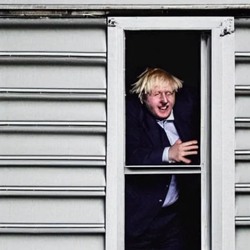 Image similar to a photo taken from the inside of an old house, showing window blinds being pulled back to reveal a terrifying boris johnson with his unhinged face pressed against the window, boris ’ hand placed on the window, horrifying grin. horror, raining, night time