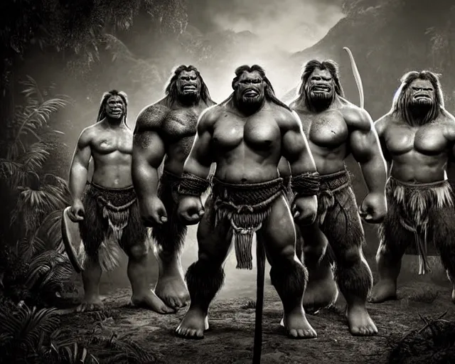 Image similar to hyper realistic group vintage photograph of a live action warcraft orc warrior tribe in the jungle, tall, hulk like physique, detailed faces, tribal paint, tribal armor, grain, old, monochrome, sepia toned, realistic lighting, wide angle