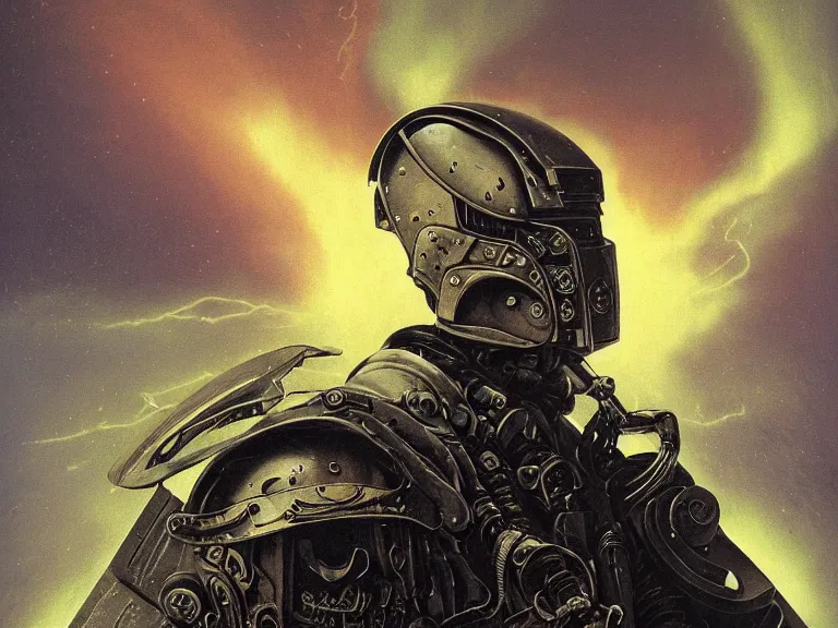 Prompt: a detailed profile painting of a bounty hunter in armour and visor, cinematic sci-fi poster. Cloth and metal. Flight suit, anatomy portrait symmetrical and science fiction theme with lightning, aurora lighting clouds and stars. Clean and minimal design by beksinski carl spitzweg giger and tuomas korpi. baroque elements. baroque element. intricate artwork by caravaggio. Oil painting. Trending on artstation. 8k