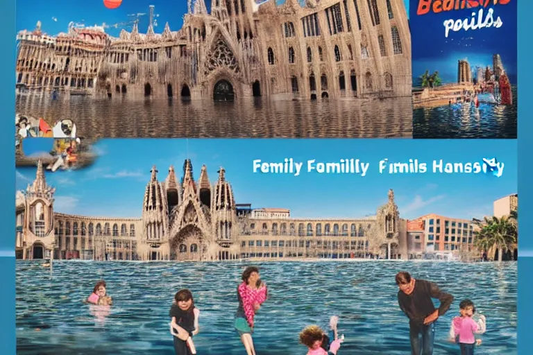 Image similar to touristic brochure of a family visiting a catastrophic barcelona, buildings covered with high water, floating cars, catchy graphic design, photo real