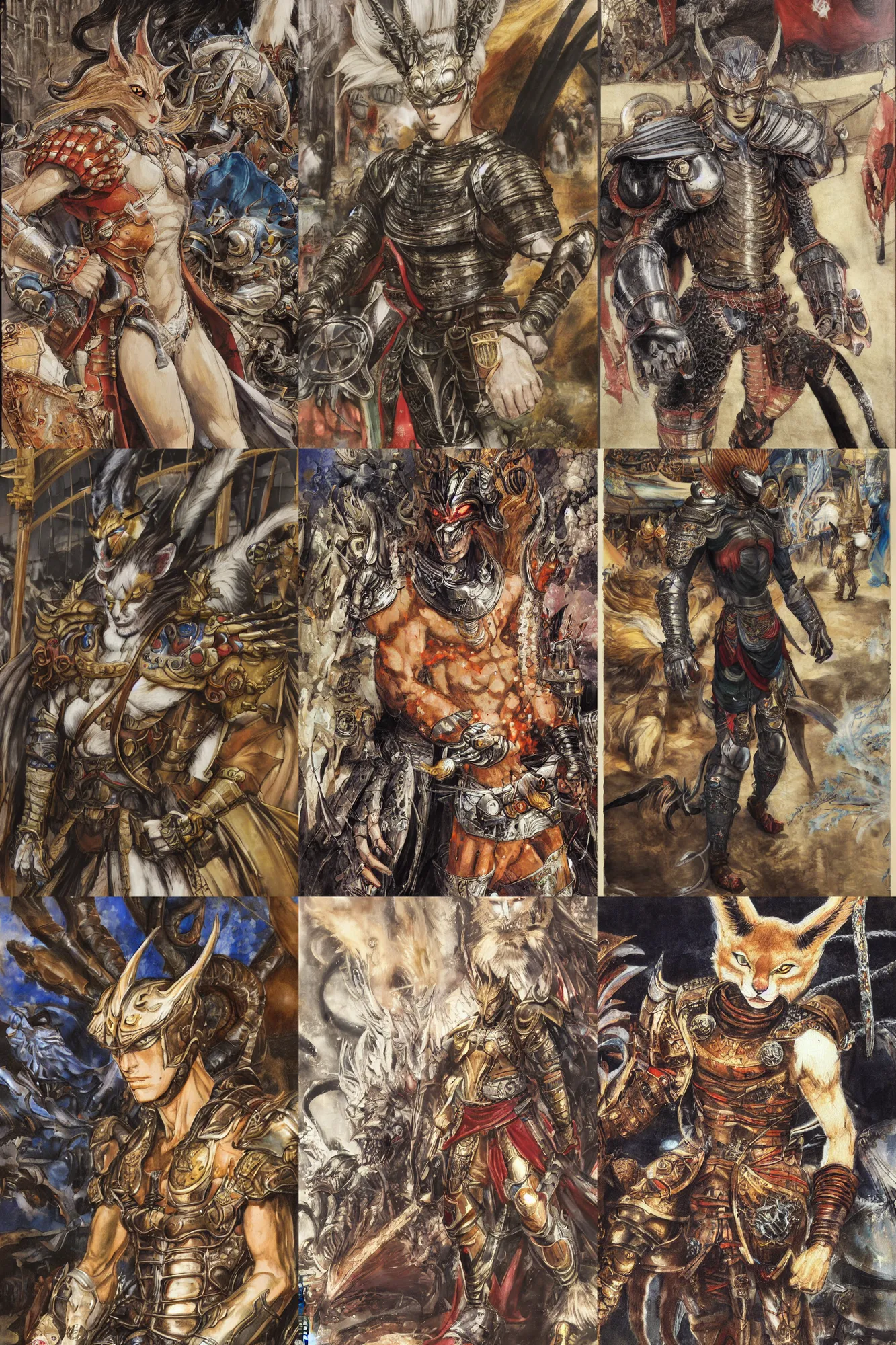 Image similar to 8k Yoshitaka Amano painting of upper body of a young cool looking slim caracal beast-man with white mane at a medieval market at windy day. Depth of field. He is wearing complex fantasy armors. He has huge paws. Renaissance style lighting.