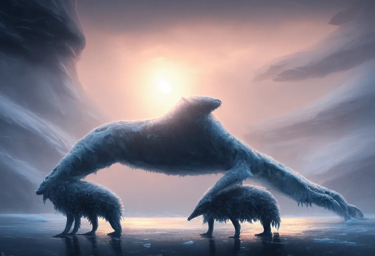 Image similar to strange sea animal emerging from surface of another frozen winter planet at sunset, ultra high definition, ultra detailed, symmetry, fog, matte painting, by greg rutkowski and ross tran and wlop