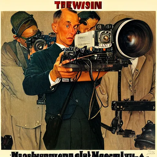 Image similar to norman rockwell painting of a television crew member holding a large television - video - camera