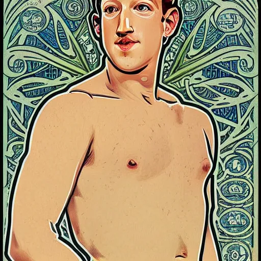 Prompt: masterpiece illustration of mark zuckerberg in the style of Alphonse mucha