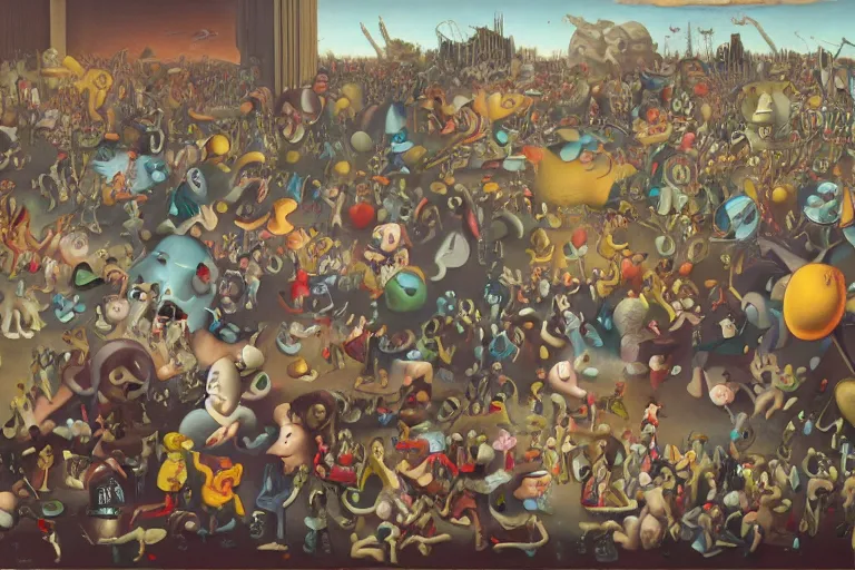 Prompt: a strange battle in an old hospital between old people and babies Robert Williams Yves Tanguy Mark Ryden and Alex Gross, Todd Schorr highly detailed balanced composition golden ratio masterpiece