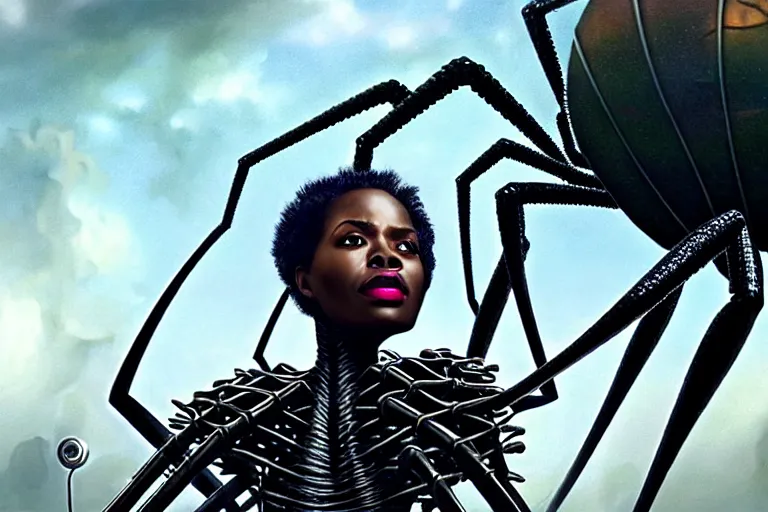 Image similar to realistic detailed closeup portrait movie shot of a beautiful black woman riding a giant spider, dystopian city landscape background by denis villeneuve, amano, yves tanguy, alphonse mucha, max ernst, kehinde wiley, caravaggio, roger dean, cyber necklace, rich moody colours, sci fi patterns, wide angle