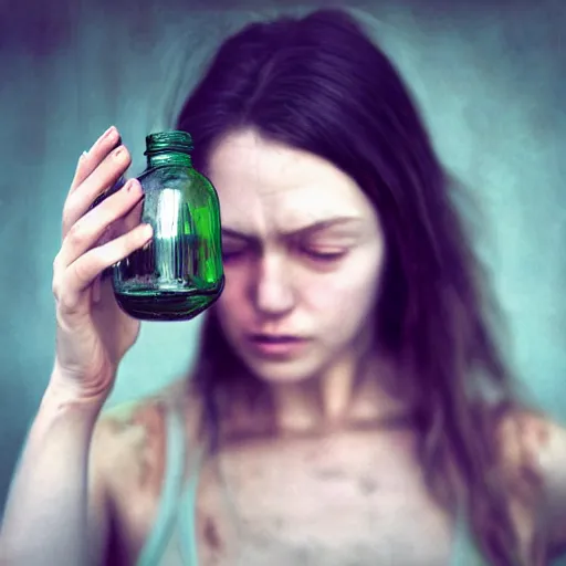 Prompt: lomo photograph, intricate detail, hyper detail, woman, very tired, full body potrait holding bottle, hazel green eyes, realistic, highlydetailed, natural, masterpiece, sharp focus,