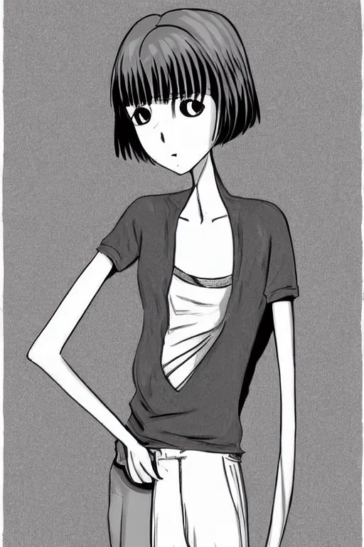 Image similar to portrait of a girl in long pants and a top, hands in pockets, eyes closed, bob haircut, digital art, black and white, lineart by junji ito and kaoru mori