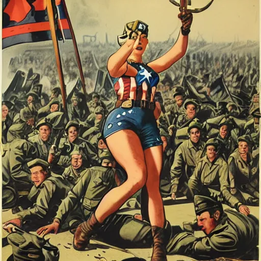 Image similar to female captain america standing on a pile of defeated german soldiers. wwii american propaganda poster by james gurney