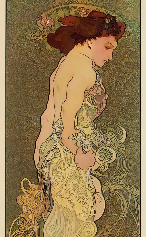 Prompt: a combination of the art styles of Alphonse Mucha and Gustav Klimt, faded colors