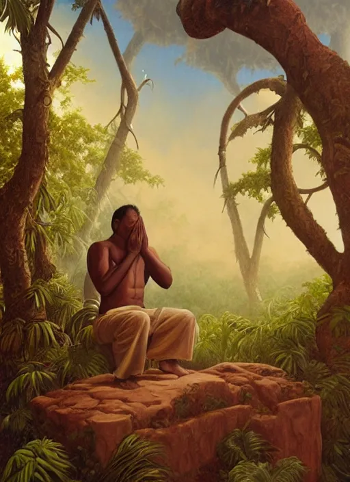 Image similar to an indigenous man sitting and praying in the jungle, while spirits of his ancestors watch over him from above, art by christophe vacher