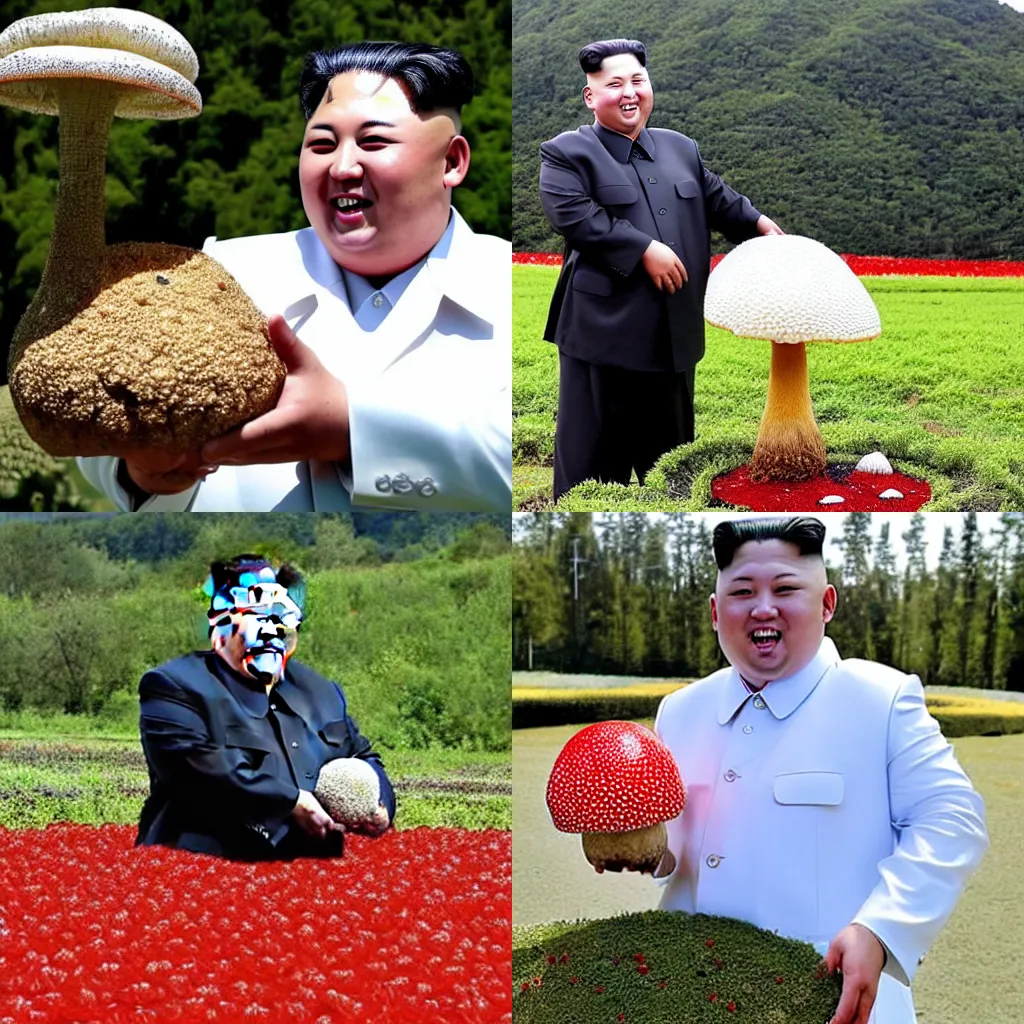 Prompt: kim jong un happily holding a giant amanita muscaria mushroom that will feed his nation, bbc reporting, an agricultural breakthrough endorsed by the great leader