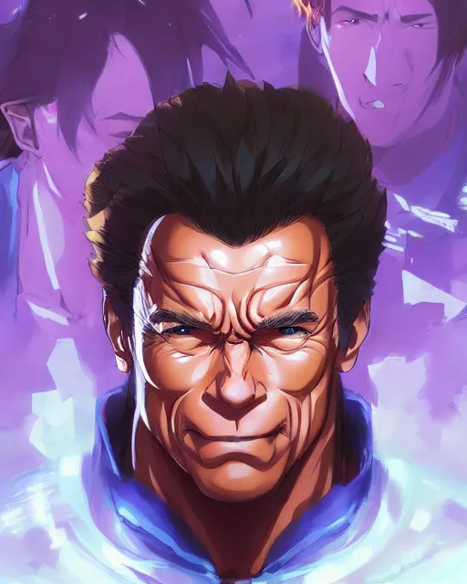 Image similar to anime portrait of Arnold Schwarzenegger as an anime man by Stanley Artgerm Lau, WLOP, Rossdraws, James Jean, Andrei Riabovitchev, Marc Simonetti, and Sakimichan, trending on artstation