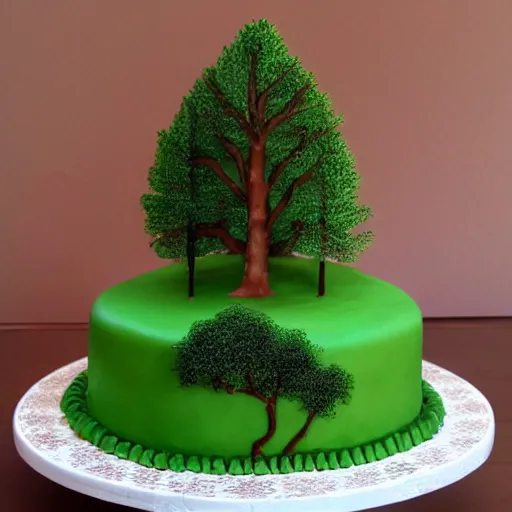 Image similar to Birthday cake with Cedar tree in background, detailed, exciting