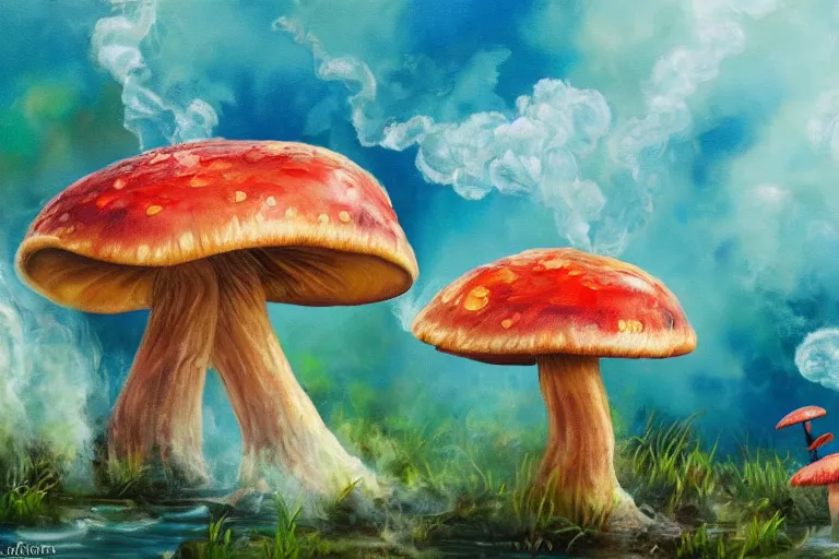 Image similar to highly detailed oil painting of a mushroom lizard in a steaming colorful hotspring, featured on artstation