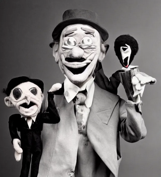 Prompt: hyper realistic old 1 9 8 0 photography of lunatic mad ventriloquist old man with terrific haunted puppet