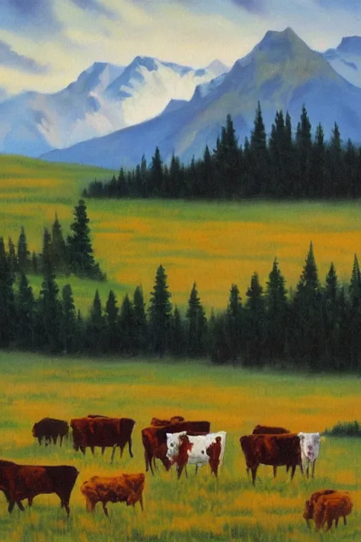 Image similar to bob ross painting of cattle grazing in alberta praries