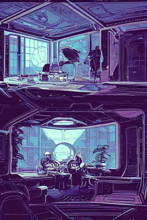 Image similar to Inside a room alien spaceship with large window that provide a scenic view of a huge planet can be seen in the background, Highly detailed labeled, poster, aesthetic, haeccety by Feng Zhu and Loish and Laurie Greasley