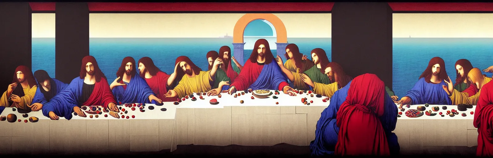 Prompt: colorful!!! the last supper by rene magritte, cyberpunk, kanagawa wave by laurie greasley and bouguereau, ( ( etching by gustave dore ) ), ultraclear intricate, sharp focus, highly detailed digital painting illustration, concept art, masterpiece